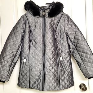 Dennis basso jacket medium women's silver NWOT puffer quilted zip coat